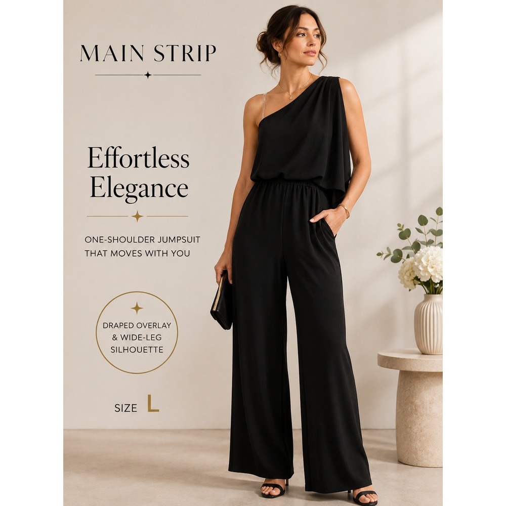 Main Strip One‎ Shoulder Jumpsuit Women Large Black Draped Overlay Wide Leg